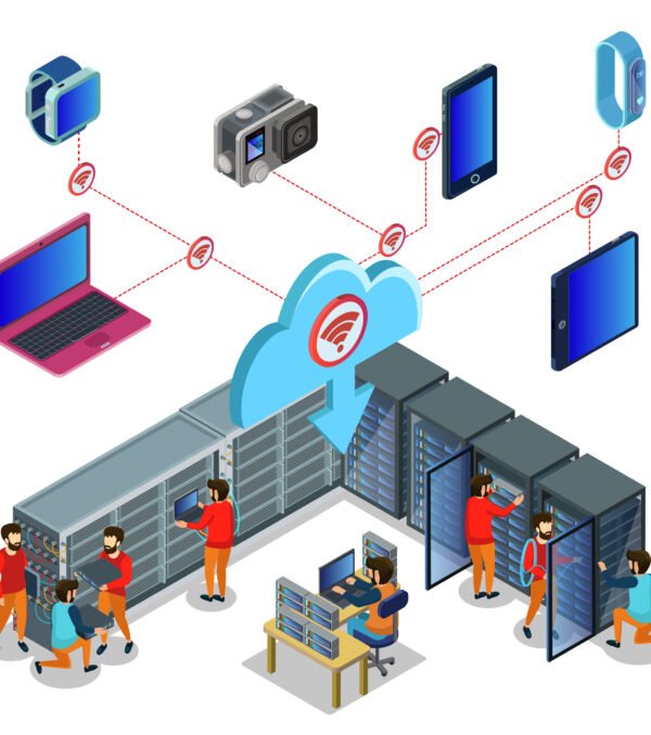 Isometric datacenter concept with technical workers server room and cloud storage for different electronic devices isolated vector illustration